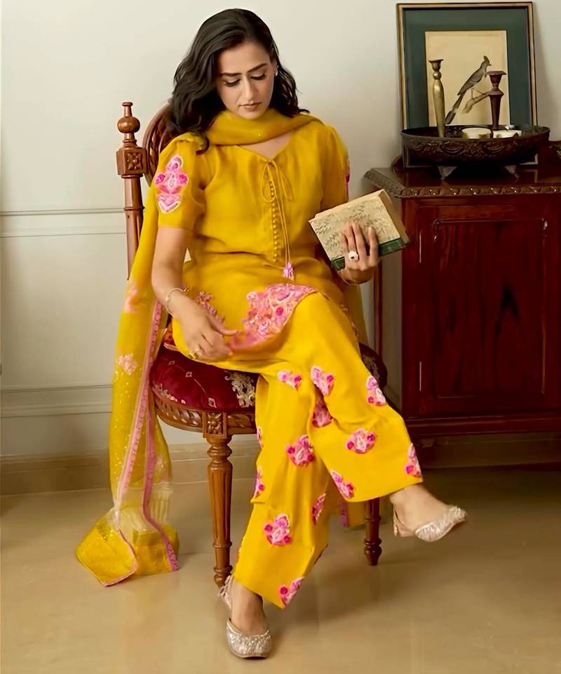Yellow crepe embroidered farshi salwar set