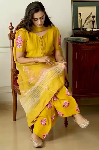 Yellow crepe embroidered farshi salwar set