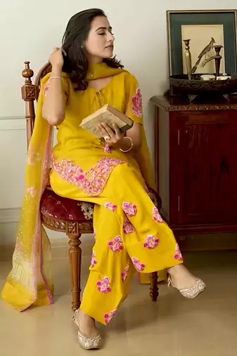 Yellow crepe embroidered farshi salwar set