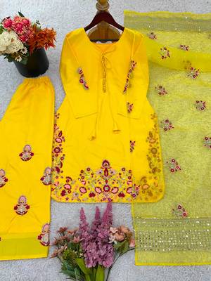 Yellow crepe embroidered farshi salwar set 4