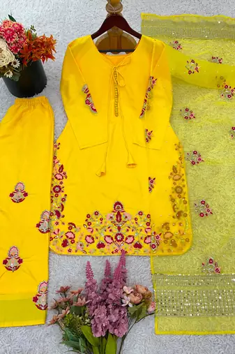 Yellow crepe embroidered farshi salwar set