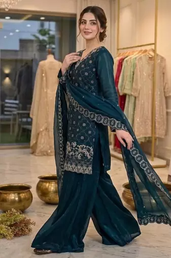 Teal-blue silk blend embroidered palazzo set