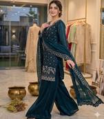 Teal-blue silk blend embroidered palazzo set