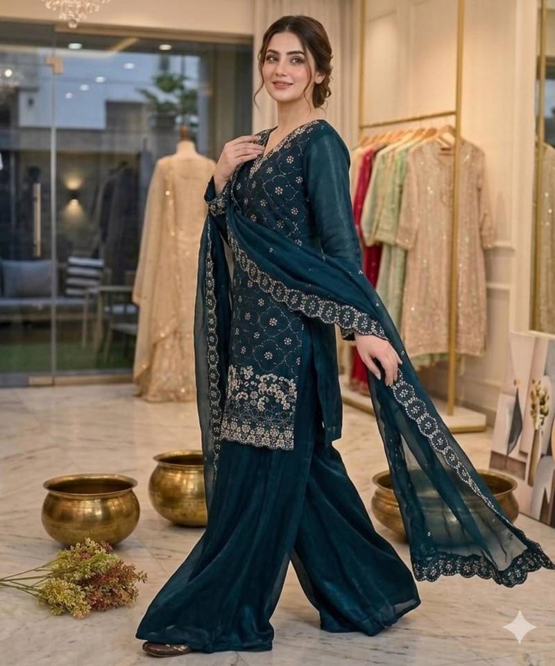 Teal-blue silk blend embroidered palazzo set