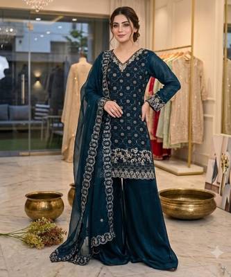 Teal-blue silk blend embroidered palazzo set 2