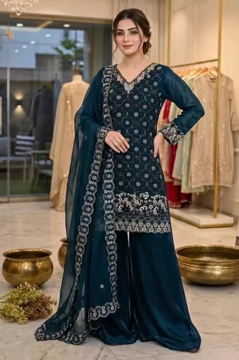 Teal-blue silk blend embroidered palazzo set