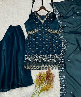 Teal-blue silk blend embroidered palazzo set 3