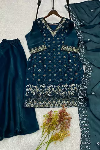 Teal-blue silk blend embroidered palazzo set