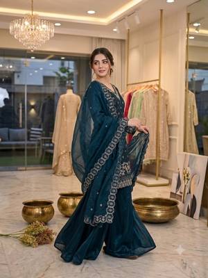 Teal-blue silk blend embroidered palazzo set 4