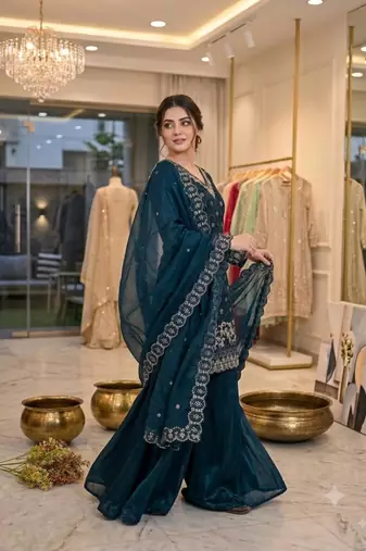 Teal-blue silk blend embroidered palazzo set