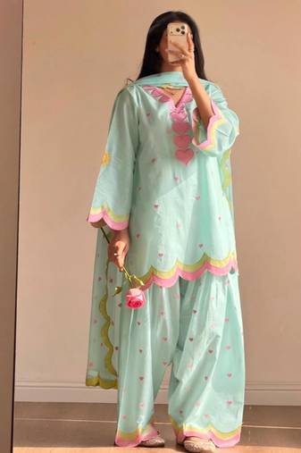 Sky-blue chanderi embroidered farshi salwar set