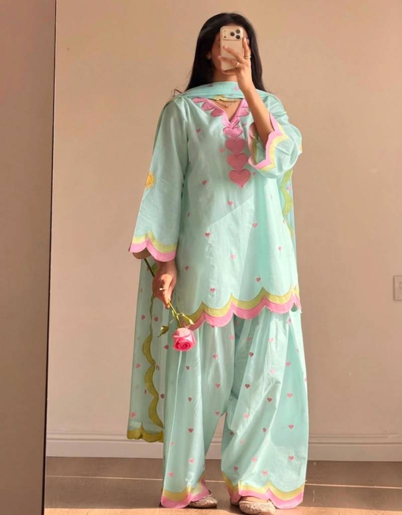 Sky-blue chanderi embroidered farshi salwar set