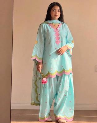 Sky-blue chanderi embroidered farshi salwar set 3