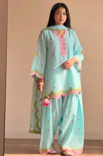 Sky-blue chanderi embroidered farshi salwar set
