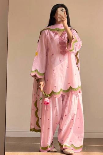 Baby-pink chanderi embroidered farshi salwar set