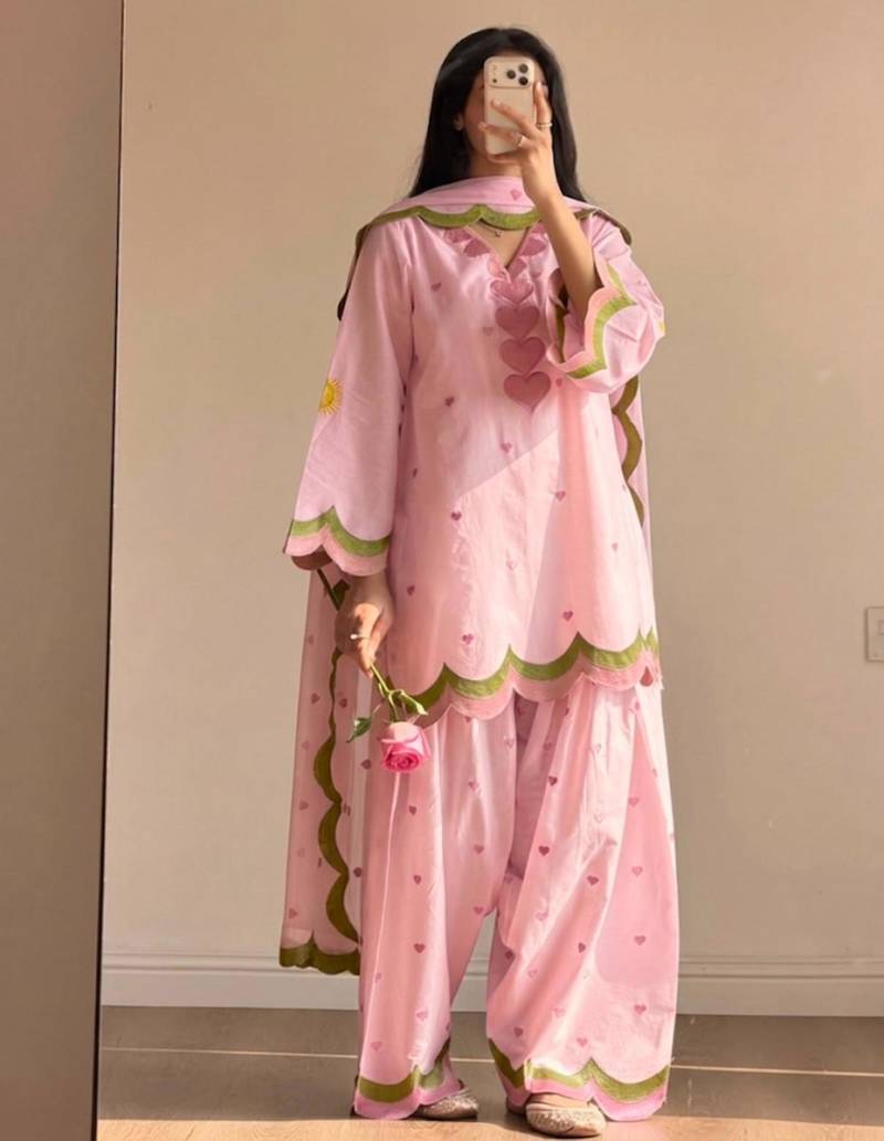 Baby-pink chanderi embroidered farshi salwar set