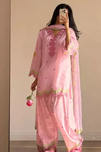 Baby-pink chanderi embroidered farshi salwar set