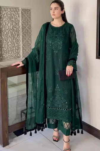 Dark-green organza embroidered kurta set