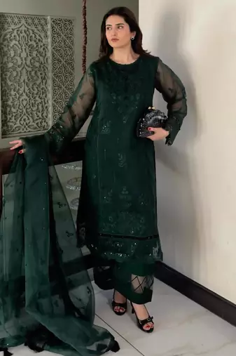 Dark-green organza embroidered kurta set