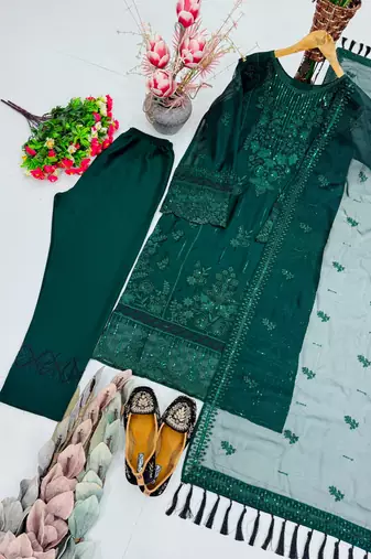 Dark-green organza embroidered kurta set