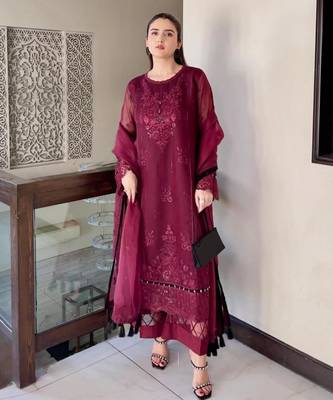 Plum organza embroidered kurta set 1