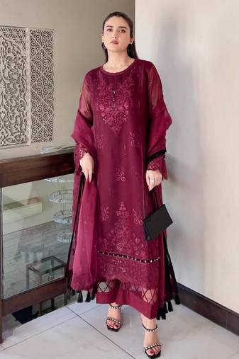 Plum organza embroidered kurta set