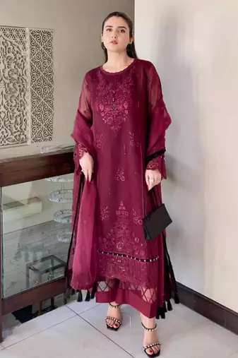 Plum organza embroidered kurta set
