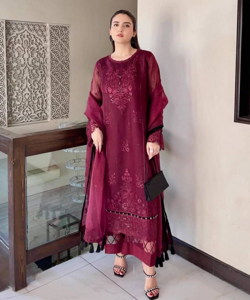 Plum organza embroidered kurta set