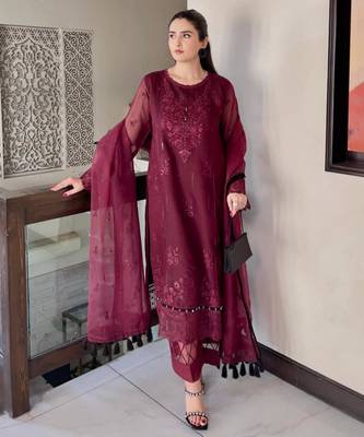 Plum organza embroidered kurta set 2