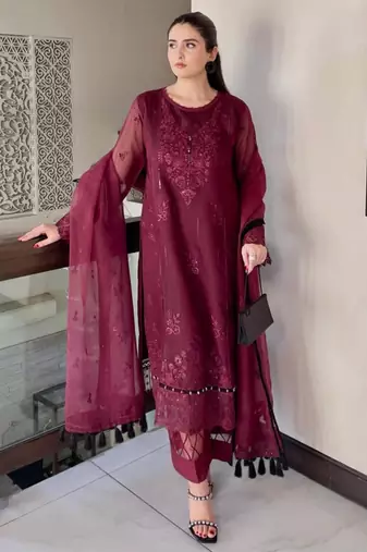 Plum organza embroidered kurta set