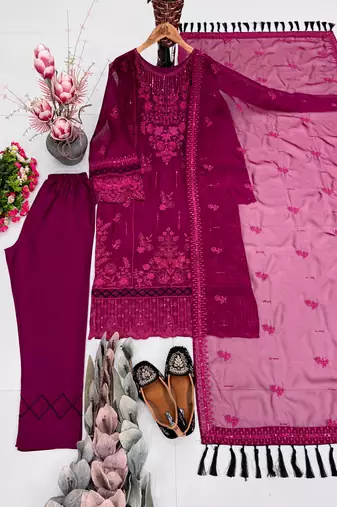 Plum organza embroidered kurta set