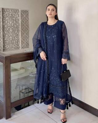 Navy-blue organza embroidered kurta set 1