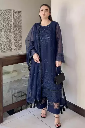Navy-blue organza embroidered kurta set