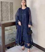 Navy-blue organza embroidered kurta set