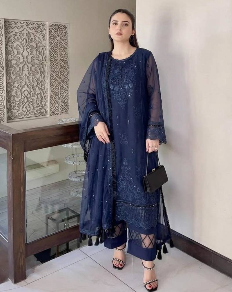 Navy-blue organza embroidered kurta set