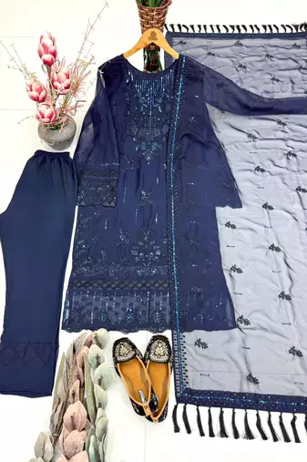 Navy-blue organza embroidered kurta set