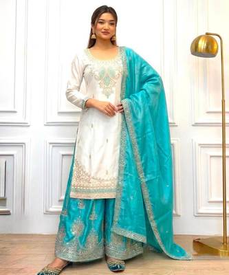 White silk blend embroidered palazzo set 1