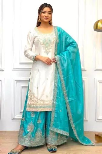White silk blend embroidered palazzo set