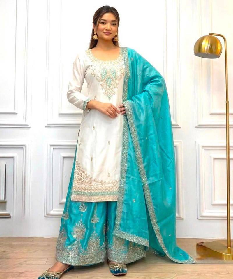 White silk blend embroidered palazzo set