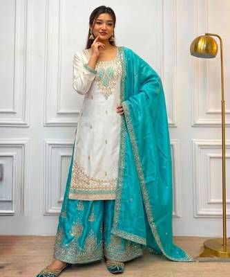White silk blend embroidered palazzo set 2