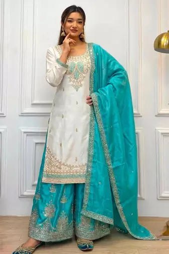 White silk blend embroidered palazzo set