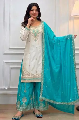 White silk blend embroidered palazzo set