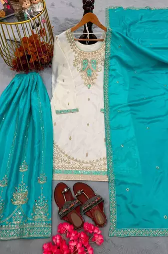 White silk blend embroidered palazzo set