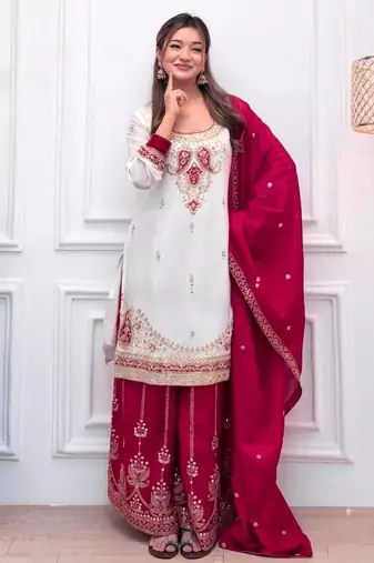 White silk blend embroidered palazzo set