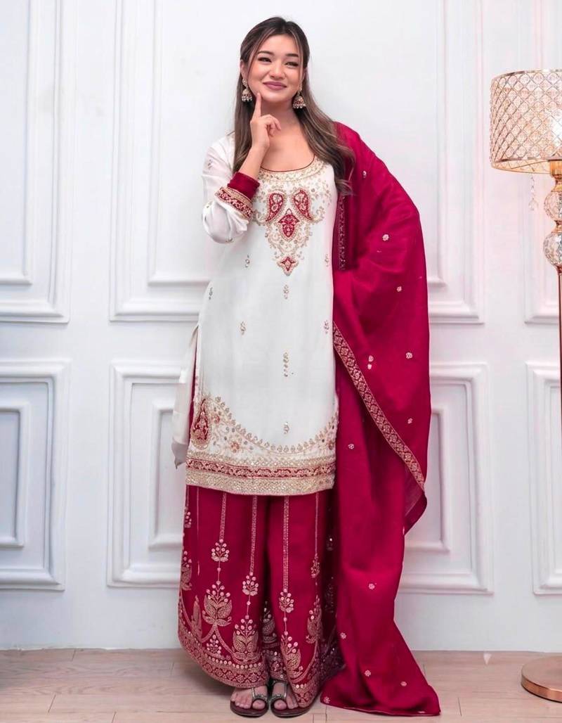 White silk blend embroidered palazzo set