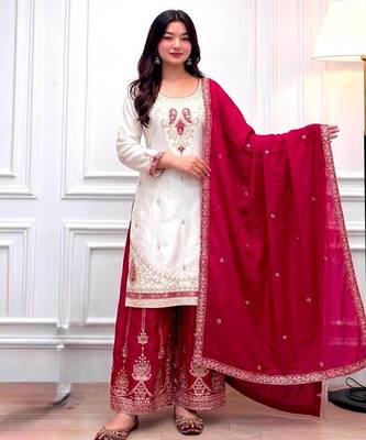 White silk blend embroidered palazzo set 2