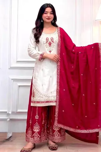 White silk blend embroidered palazzo set