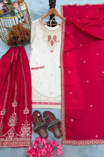 White silk blend embroidered palazzo set