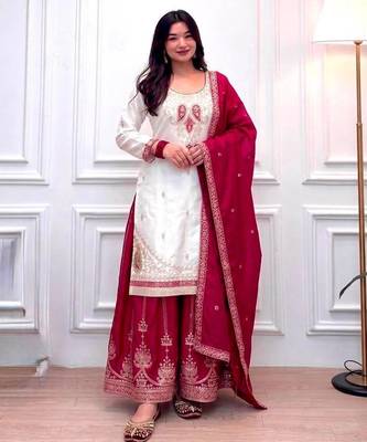 White silk blend embroidered palazzo set 4