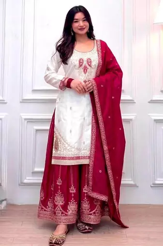 White silk blend embroidered palazzo set